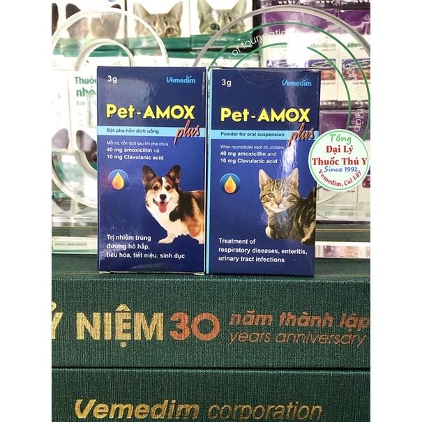 Pet amox plus tốt cho tiêu hoá, hô hấp, viêm da, nhiễm trùng trên chó mèo . lọ bột 3g pha huyễn dịch uống