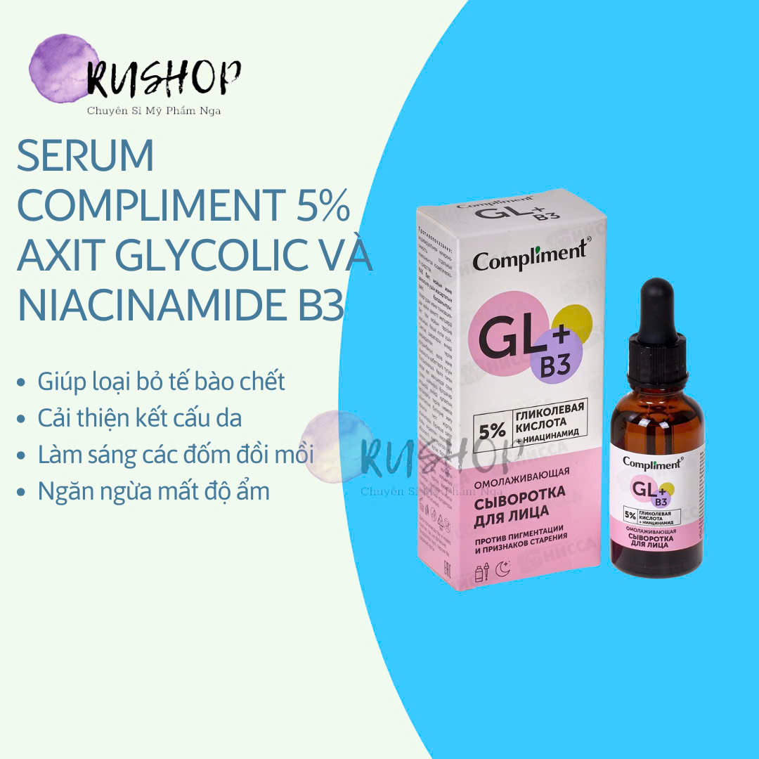 Serum Compliment 5% axit glycolic và Niacinamide B3 làm sáng da, chống lão hóa căng bóng 27ml (hồng)