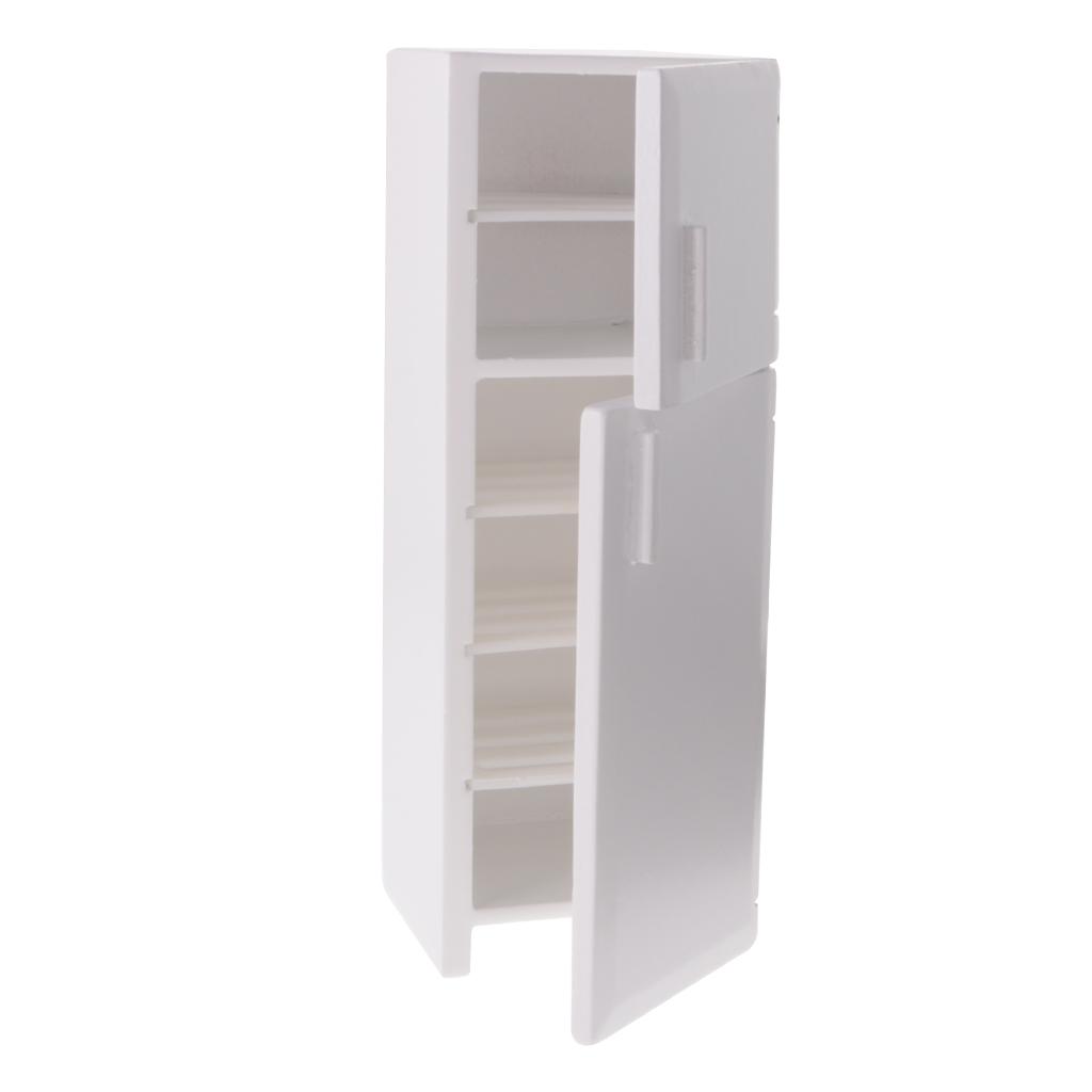 1/12 Nhà Búp Bê Đồ Phụ Kiện Nhà Bếp Gỗ Tủ Lạnh & Bàn Ghế Trắng