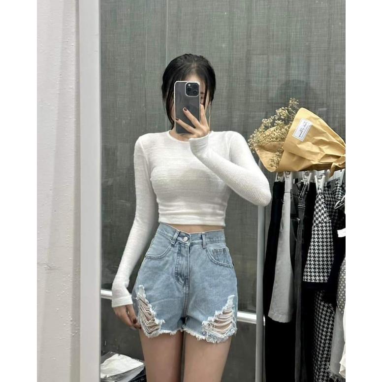 Áo Croptop Tay Dài Ôm Body Cổ Tròn Và Cổ Vuông Chất Liệu Lông Mềm Quyến Rũ - AO089