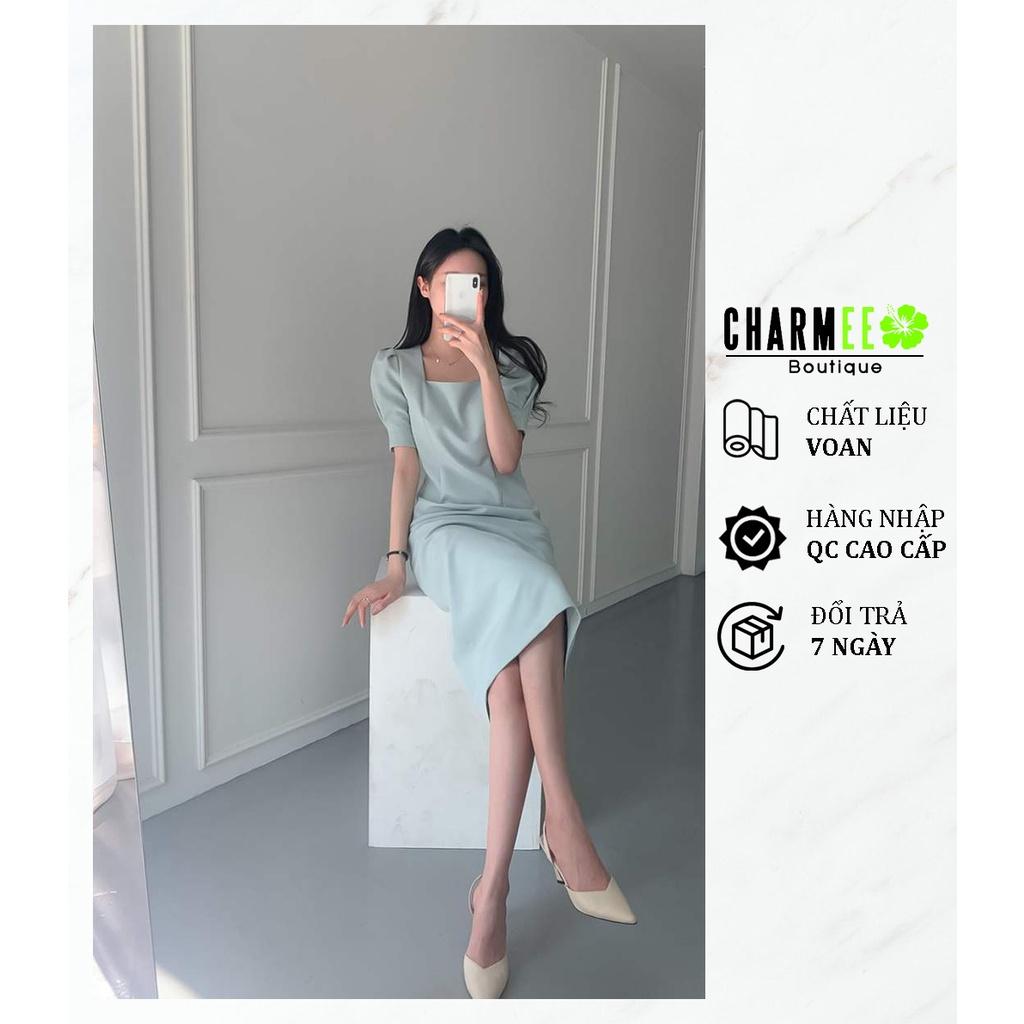 Đầm xanh cổ vuông dáng dài