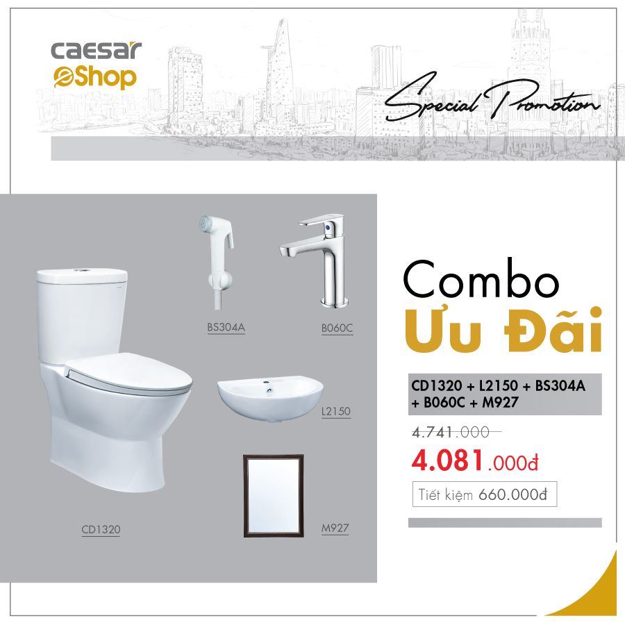 Combo sản phẩm bàn cầu+lavabo+vòi xịt+vòi lavabo lạnh+gương -CD1320+L2150+BS304A+B060C+M927