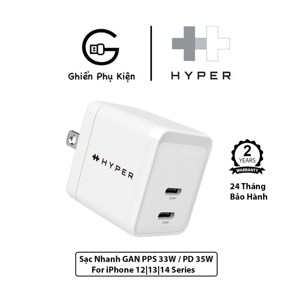 Sạc Nhanh HYPER GAN II Dual USB-C PPS 33W/PD 35W Dành Cho iPhone 14/13/12 Series - Hàng Chính Hãng