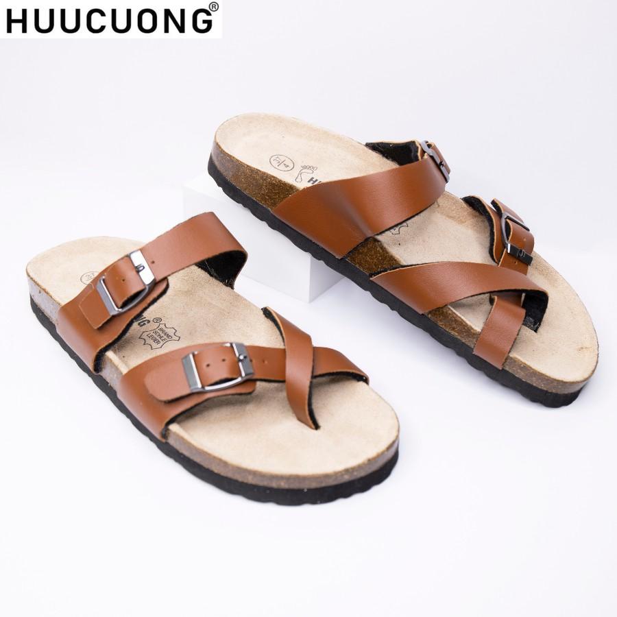 Dép unisex HuuCuong xỏ ngón pu nâu đế trấu handmade