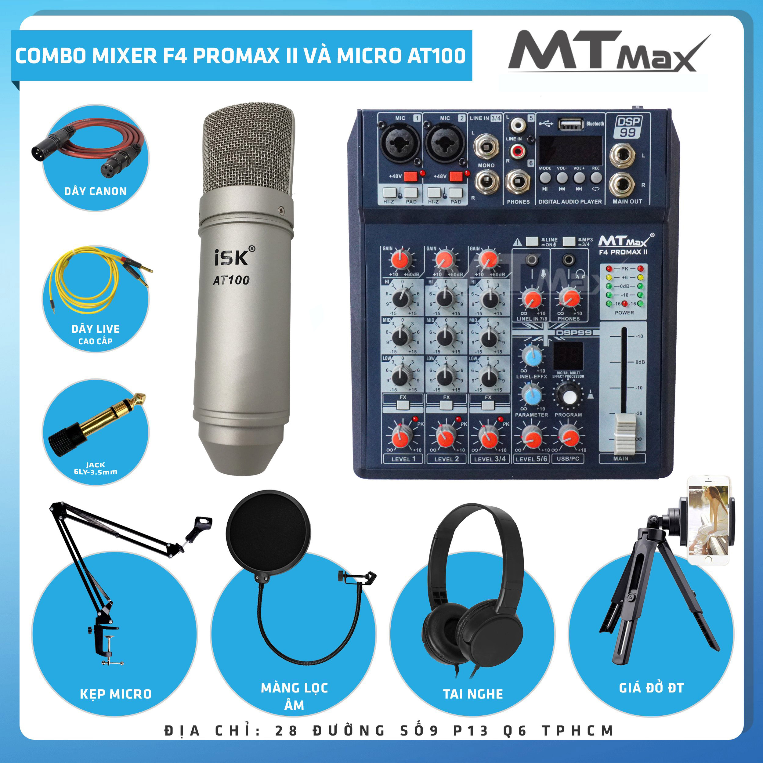 Combo thu âm, livestream Micro ISK AT100, Mixer MTMax F4 ProMax II - Kèm full phụ kiện kẹp micro, màng lọc, tai nghe, dây canon, dây livestream, giá đỡ ĐT - Hỗ trợ thu âm, karaoke online chuyên nghiệp - Hàng nhập khẩu