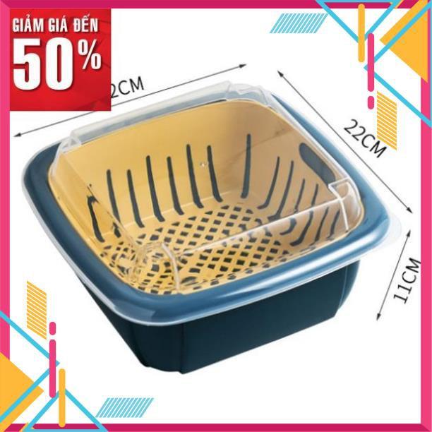 Hộp đựng thực phẩm có rổ nhựa và nắp đậy đa năng khay chậu vuông 2 lớp 3 trong 1 để đồ rau củ trái cây