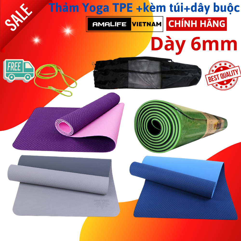 Thảm Tập Yoga, Gym Amalife 2 Lớp + Túi Đựng Thảm Tập Yoga + Dây Buộc Thảm Tập Yoga (Giao Màu Ngẫu Nhiên)