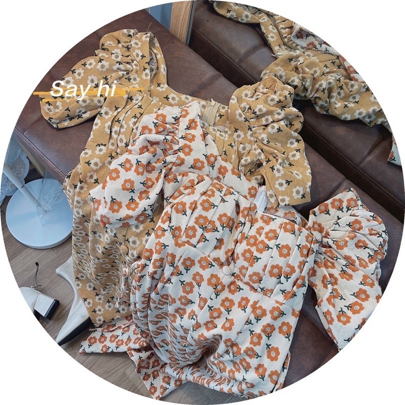 Đầm hoa nhí cổ vuông tay phồng cột nơ lưng tiểu thư