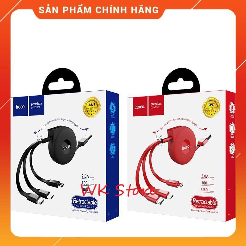 Cáp sạc 3 in 1 dây rút Hoco U50 (Micro, Lightning, Type-C) - Hàng chính hãng