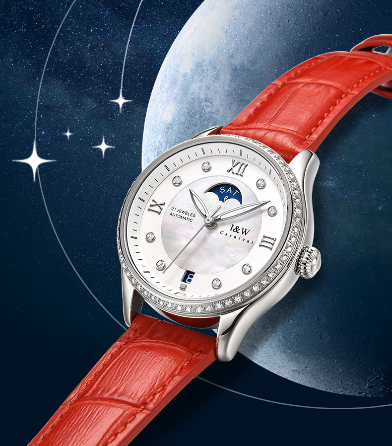 Đồng hồ nữ chính hãng I&amp;W CARNIVAL IW582G-3 Kính sapphire ,chống xước ,Chống nước 30m ,Bảo hành 24 tháng,Máy cơ (Automatic),dây da cao cấp, thiết kế đơn giản dễ đeo