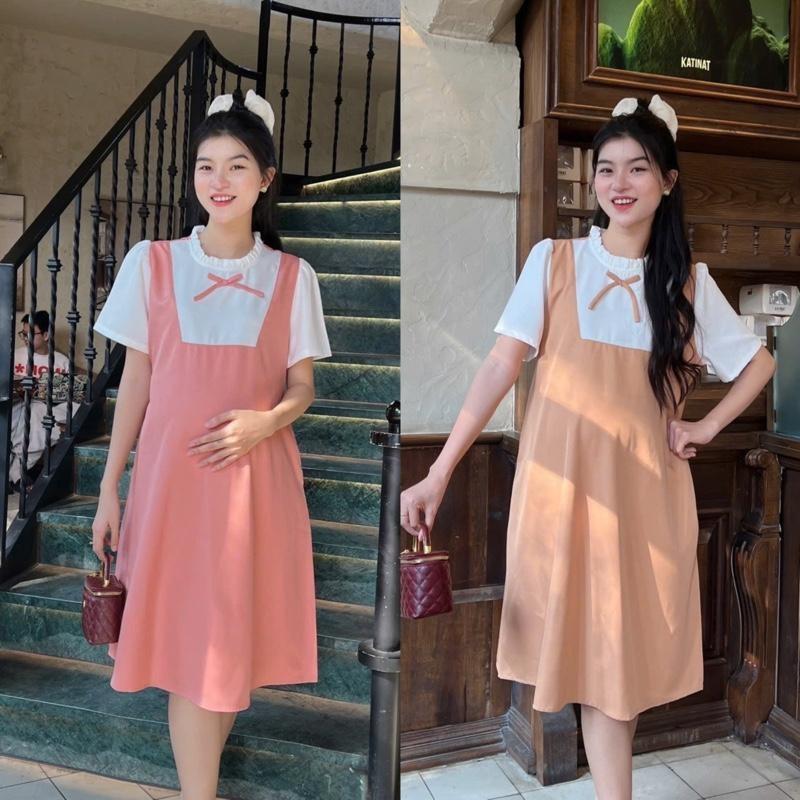 Đầm bầu yếm liền công sở cổ bèo dáng suông chất cotton lạnh mềm mát, bầu diện đi làm đi chơi đều xinh - Nâu