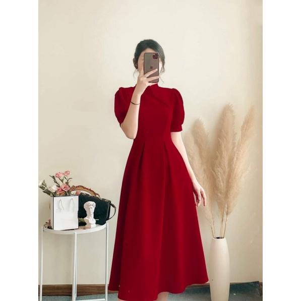 Đầm Đỏ Tay Phồng Nút Bọc Đầm Noel Tết Đi Chơi Cực Sinh Xắn Rubi BY8361