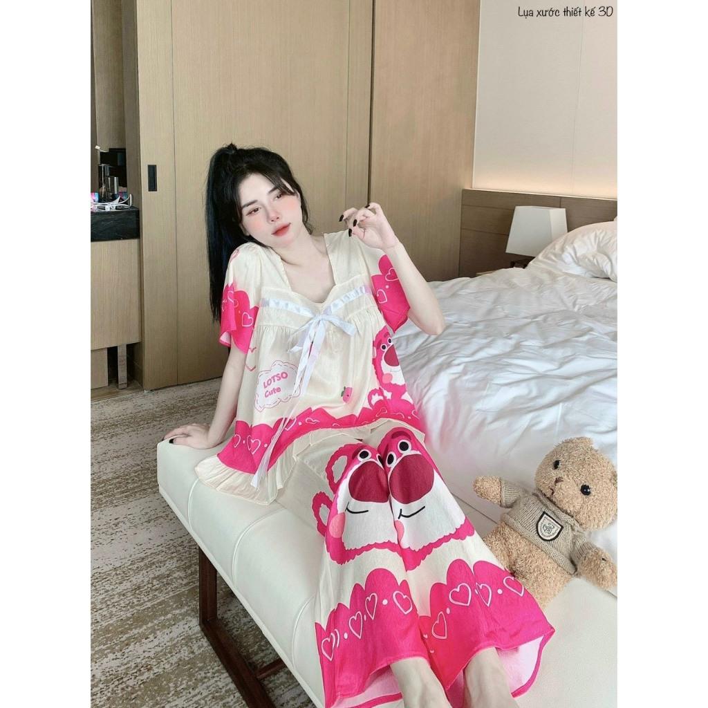 Đồ Bộ Pijama Lụa Xước Thiết Kế 3D Tay Ngắn Quần Dài (hồng/đen) Freesize dưới 58Kg