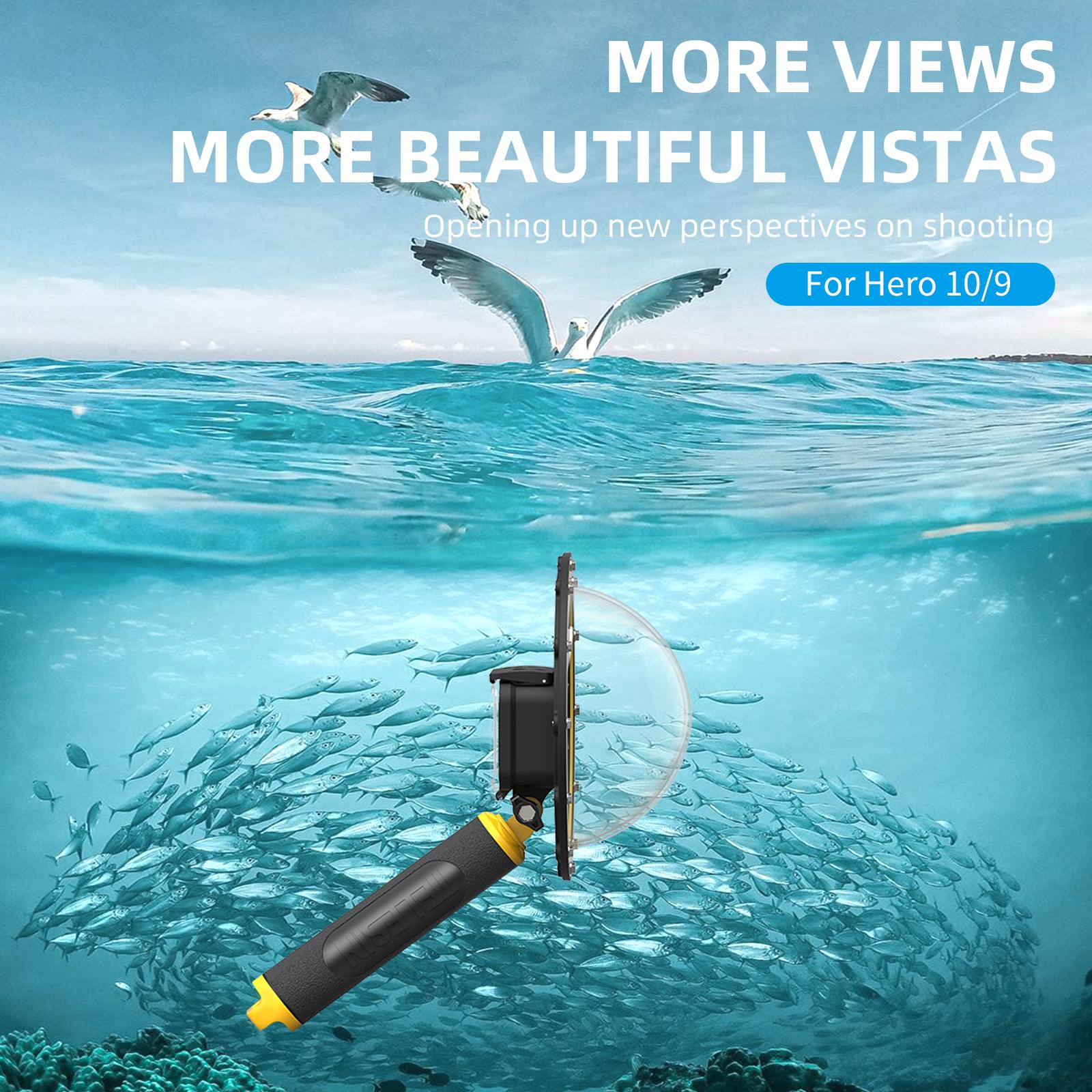 Telesin 30m không thấm nước 6 '' Cổng mái vòm dưới nước với kích hoạt tay cầm nổi cho GoPro Hero 11 10 9 8 7 6 5 Đen