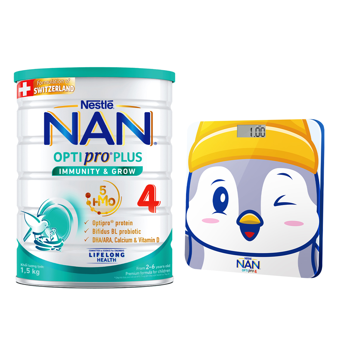 Sữa bột Nestlé NAN OPTIPRO PLUS 4 1500g/lon với 5HMO Giúp tiêu hóa tốt + Tăng cường đề kháng - Tặng Cân điện tử