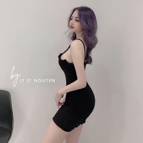 Váy Đầm Nữ Ôm Body 2 Dây Viền Bèo Kết Nút LH79