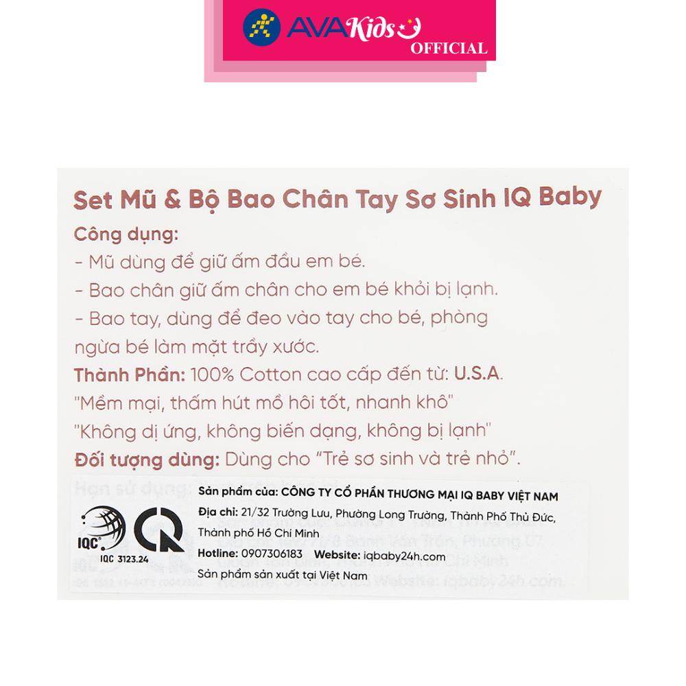 Set nón, bao tay bao chân in hoa hồng IQ Baby màu trắng (0 - 3 tháng) - Hàng Chính Hãng