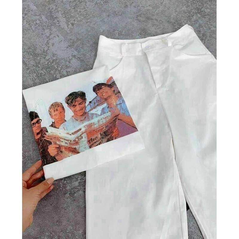 Sét áo thun trắng in hình + quần suông kaki