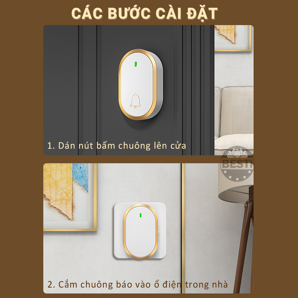 Chuông Cửa Không Dây Thông Minh Besti YBT01 (1 Nút Bấm, 1 Chuông ), Chống Nước, Khoảng Cách Sử Dụng Hiệu Quả 300M, 60 Loại Nhạc Chuông, 4 Mức Điều Chỉnh Âm Lượng - Hàng Chính Hãng