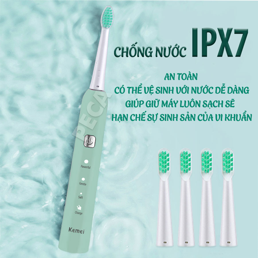 Bàn chải đánh răng điện KEMEI KM-713 công nghệ rung siêu âm 31000 lần/ phút điều chỉnh 6 chế độ đánh bay mảng bám sạch sâu gấp nhiêu lần so với bàn chải thủ công + Tặng kèm 5 đầu bàn chải thay thế - Hàng chính hãng