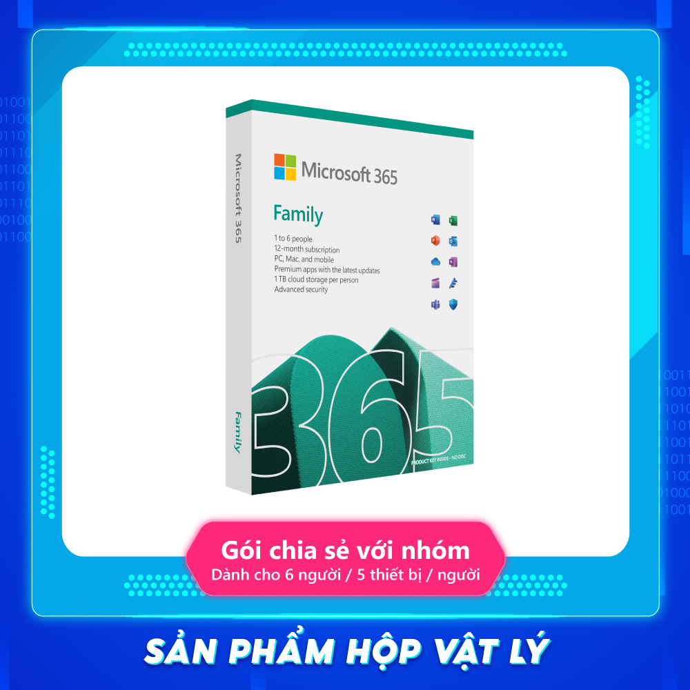 Phần mềm Microsoft Office 365 Family 6GQ-01896 / EP2-36878  | 12 tháng | Dành cho tối đa 6 người | 5 thiết bị/tài khoản| Word, Excel, PowerPoint | 1TB OneDrive