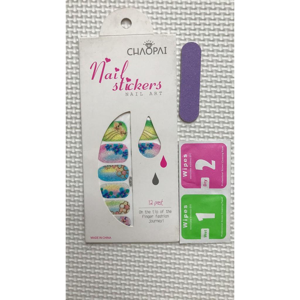 Lô 12 sticker móng tay nail art hoa màu sắc- quà tặng kèm giũa mini và 2 khăn khô vô trùng