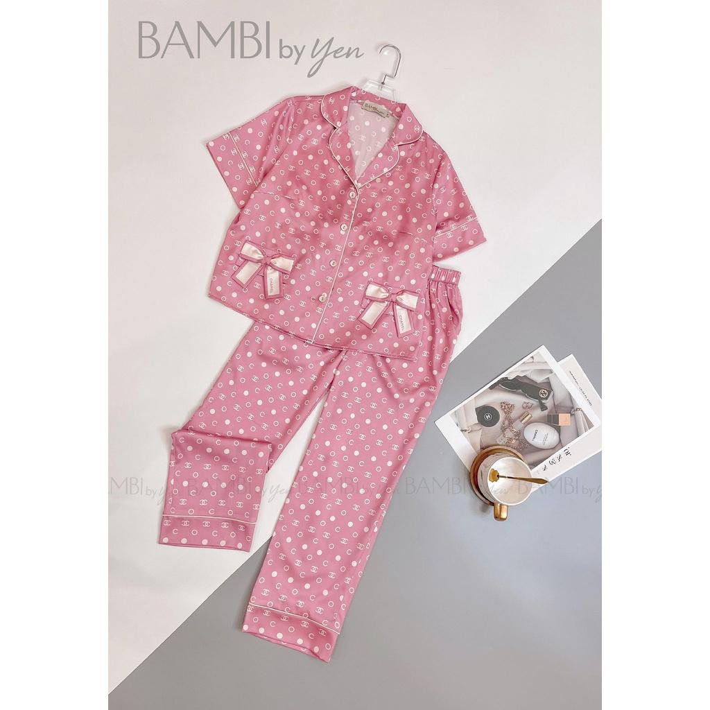 Bộ pyjama tay đùi họa tiết hiện đại sang chảnh, túi áo đính nơ độc lạ cao cấp