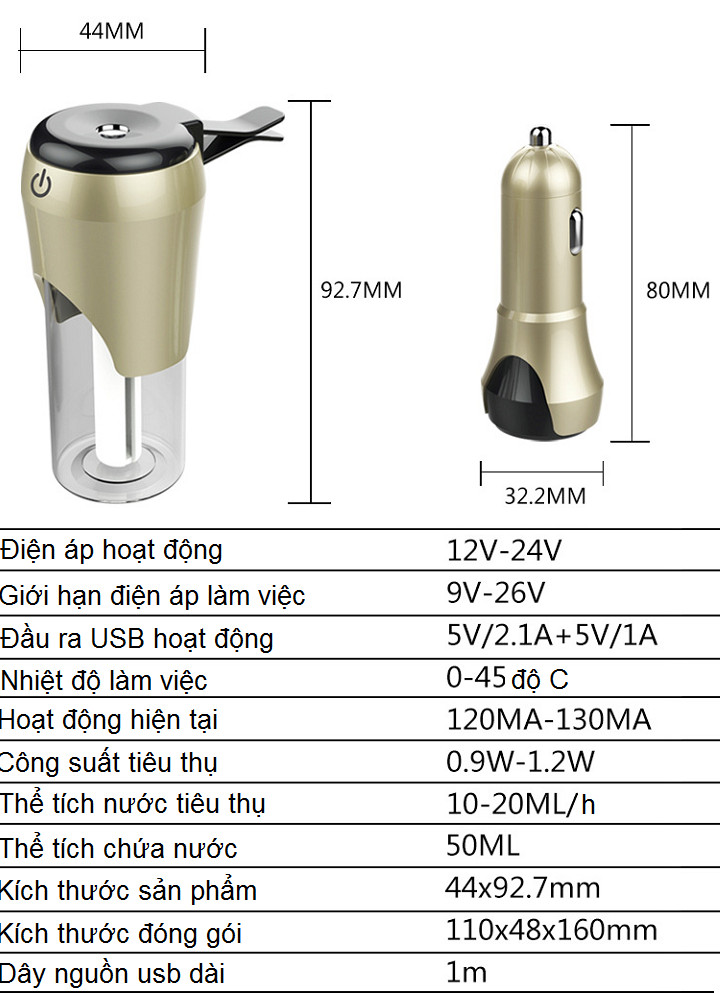 Máy tạo độ ẩm dành cho ô tô - tặng kèm đèn pin bóp tay