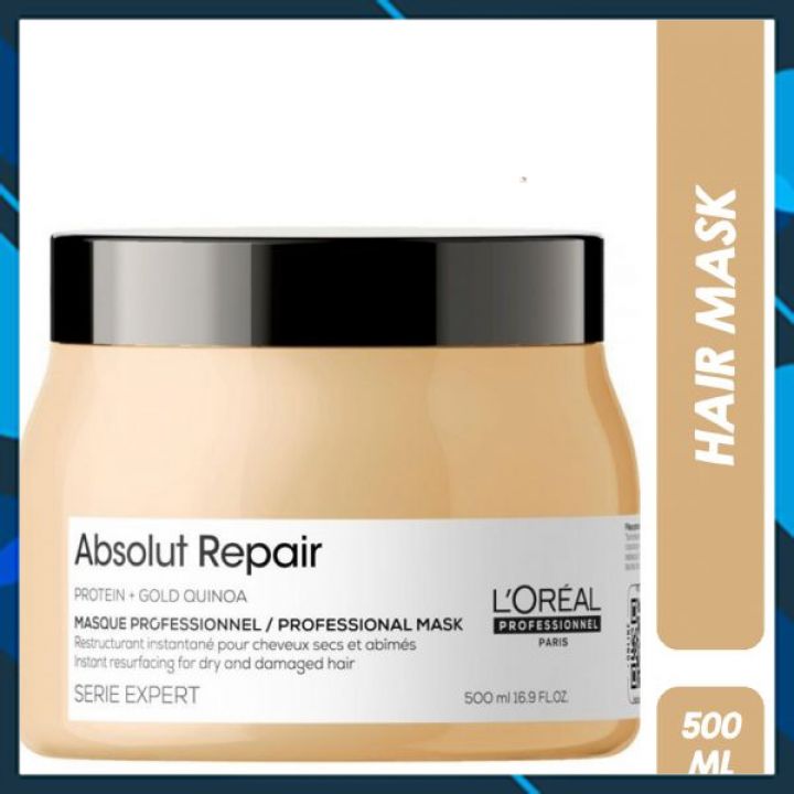 Dầu hấp ủ L'ORÉAL Serie Expert Gold Quinoa + Protein Absolut Repair Golden Masque Diêm mạch vàng phục hồi tóc hư tổn - 500ml - (vàng đậm)