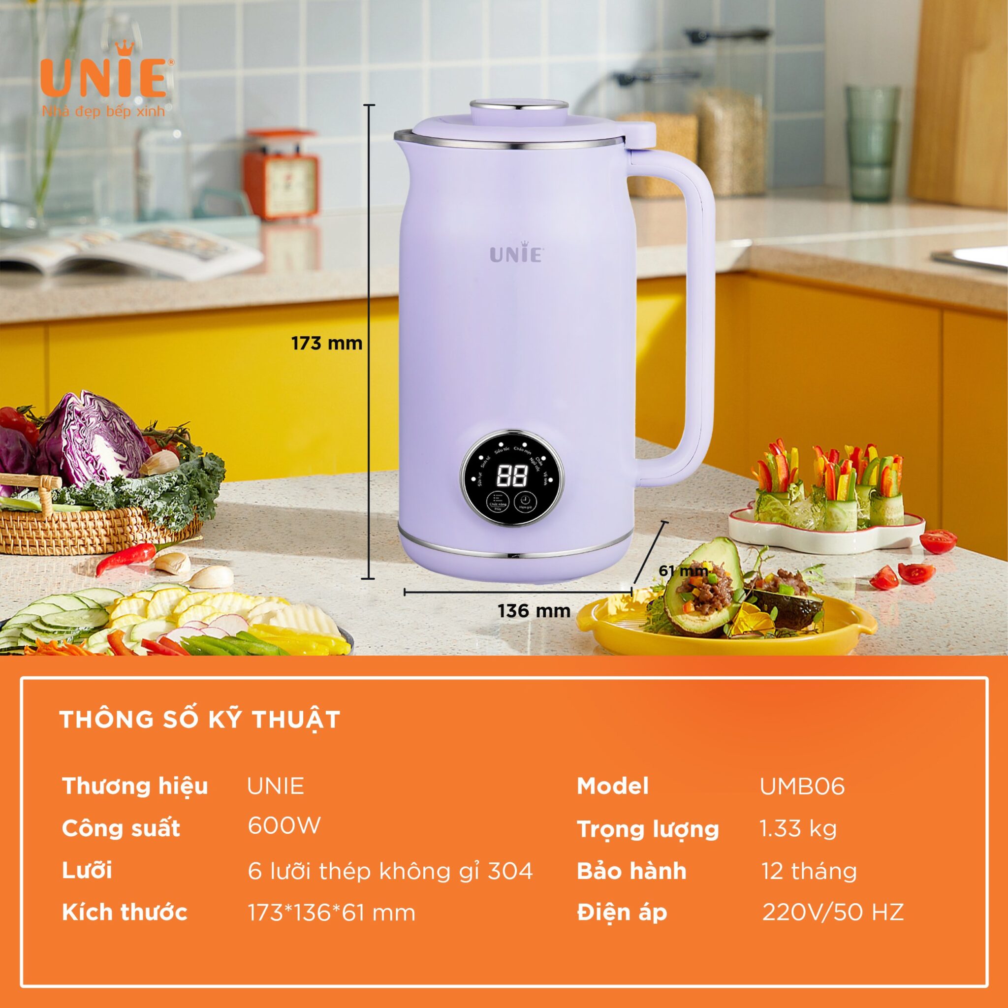 Máy Làm Sữa Hạt Mini UNIE UMB08 Nhỏ Gọn Thời Trang Gồm 5 Chức Năng, Dung Tích 0.6 Lít Công Suất 600 W - Hàng Chính Hãng