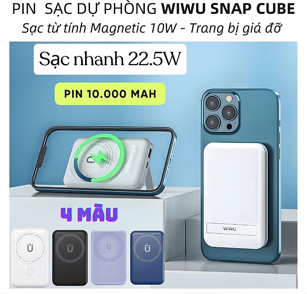 Pin sạc dự phòng không dây hỗ trợ Magnetic từ tính sạc nhanh 22.5W dung lượng 10.000 mAh trang bị cổng PD Type C hiệu WIWU Snap Cube - Thiết kế nhỏ gọn, trang bị giá đỡ, nhiều màu sắc đa dạng - Hàng nhập khẩu