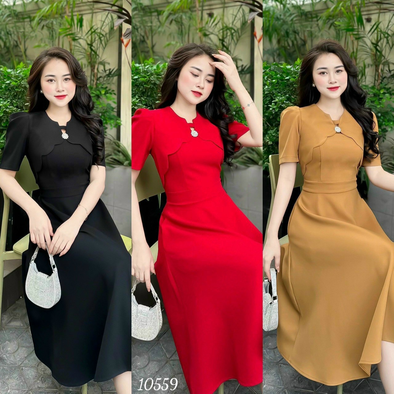 Đầm váy nữ dự tiệc dạo phố cổ vuông cách điệu ngực đỏ đen nâu thanh lịch