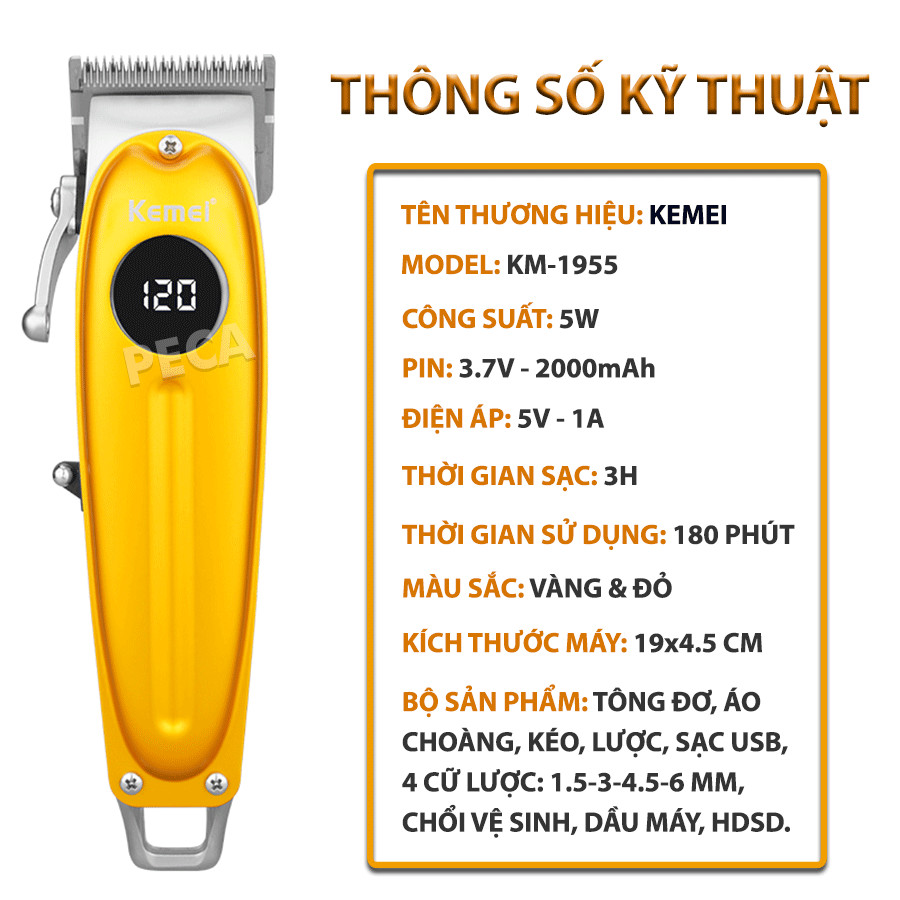 Tông đơ cắt tóc chuyên nghiệp KEMEI KM-1955 màn hình LCD hiển thị sử dụng sạc USB tiện lợi toàn thân hợp kim cao cấp công suất mạnh mẽ Tặng kèm áo choàng cắt tóc, kéo, lược cắt tóc  chuyên dụng cắt tóc trẻ em, người lớn, tiệm tóc barber, salon