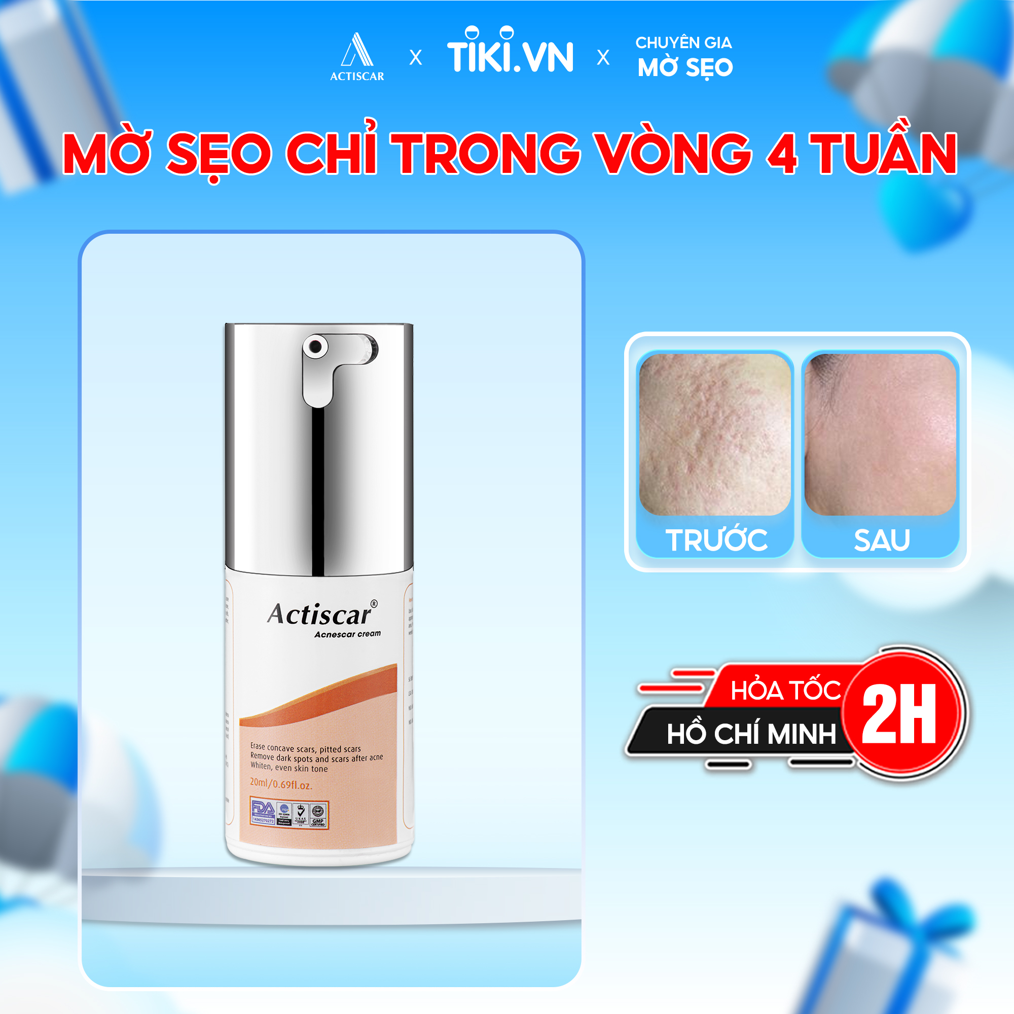 Kem Sẹo Lõm, Sẹo Rỗ Actiscar 20ml hỗ trợ làm mờ sẹo rỗ, lấp đầy sẹo lõm ( Màu Cam)