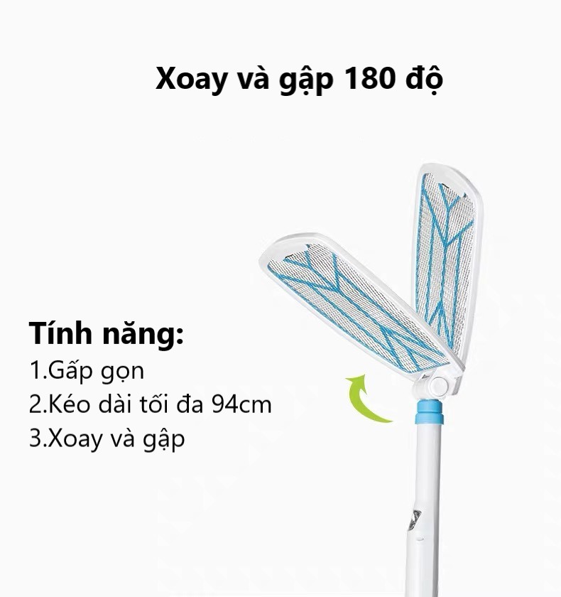 Vợt bắt muỗi cao cấp thiết kế đầu gập và xoay 180 độ nối dài gấp gọn tiện dụng