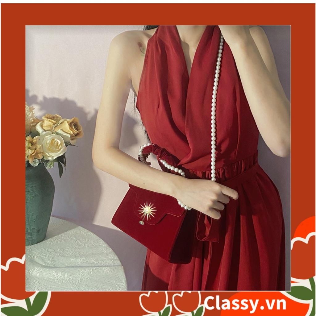 Túi nhung Classy tay cầm xoắn cao cấp - Đính phụ kiện ánh kim retro phiên bản cao cấp