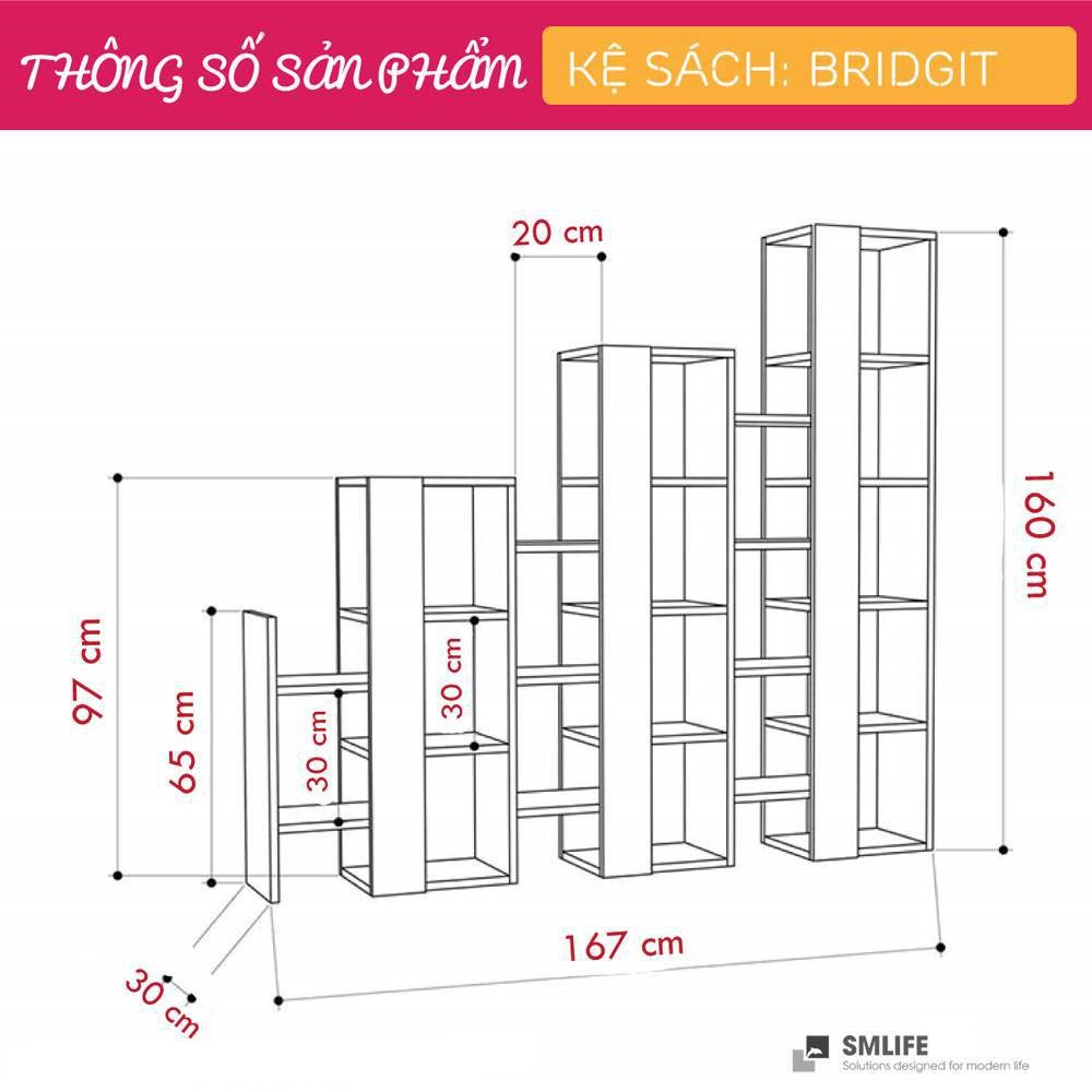 Kệ sách gỗ hiện đại SMLIFE Bridgit  | Gỗ MDF dày 17mm chống ẩm | D167xR300xC160cm