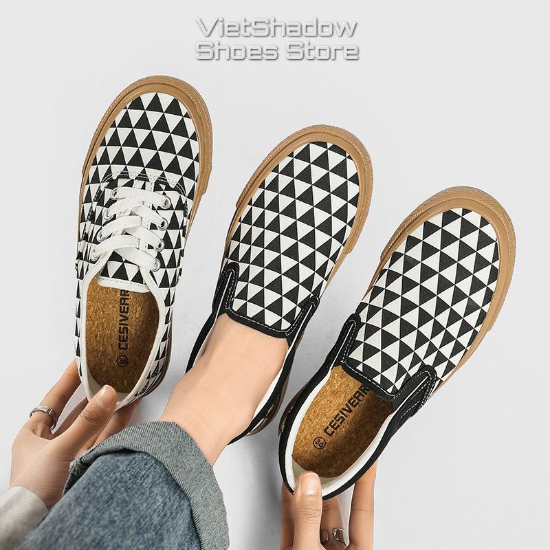 Slip on nữ - Giày lười vải ca rô tam giác đen trắng - Chất liệu vải thô thoáng khí, đế cao su chống trơn trượt - Mã SP 812