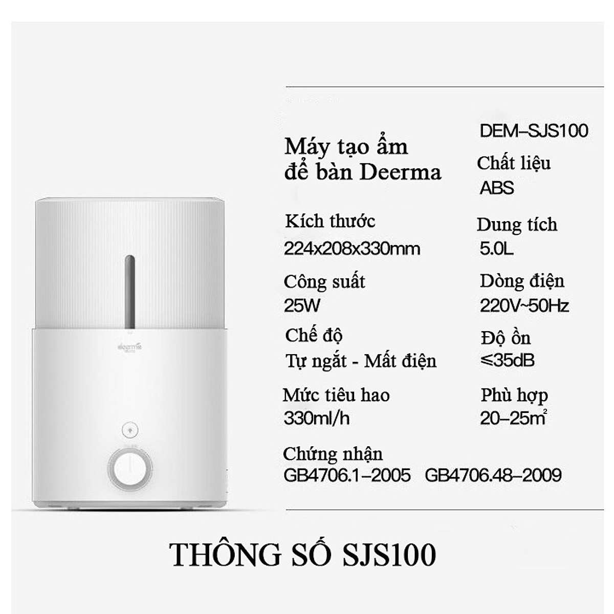 Máy tạo ẩm không khí Deerma DEM-SJS100 Dung Tích 5L, Màn Hình Led Cảm Ứng - Hàng Chính Hãng