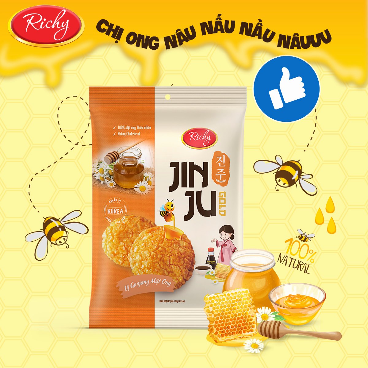 Combo Snack Ăn Vặt Giòn Tan Gồm 3 Gói Bánh Gạo JinJu Hương Vị Bò Nướng Tiêu, Cốm Sữa Và GanJang Mật Ong