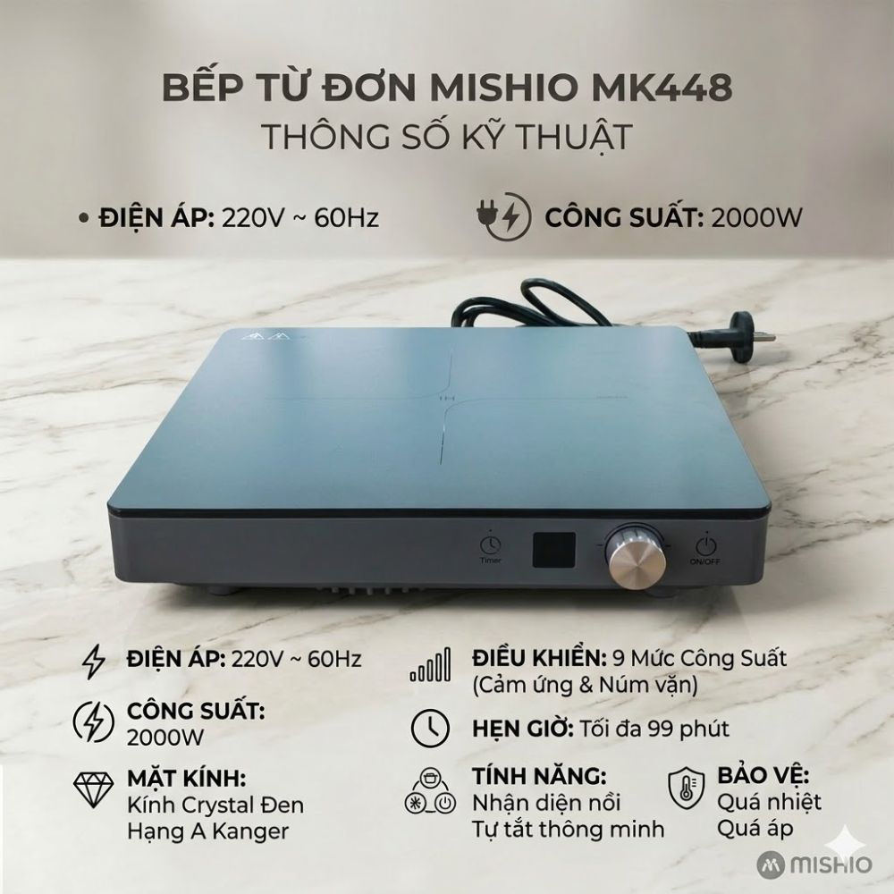 Bếp Từ Đơn Mishio MK448 Công Suất 2000W - Mặt Kính Kanger Hạng A - hàng chính hãng