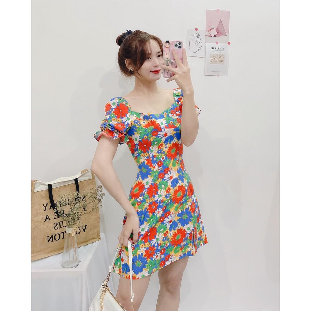 ĐẦM HOA CÚC MÀU CỔ CHÉO TAY NGẮN DÁNG ÔM XÒE