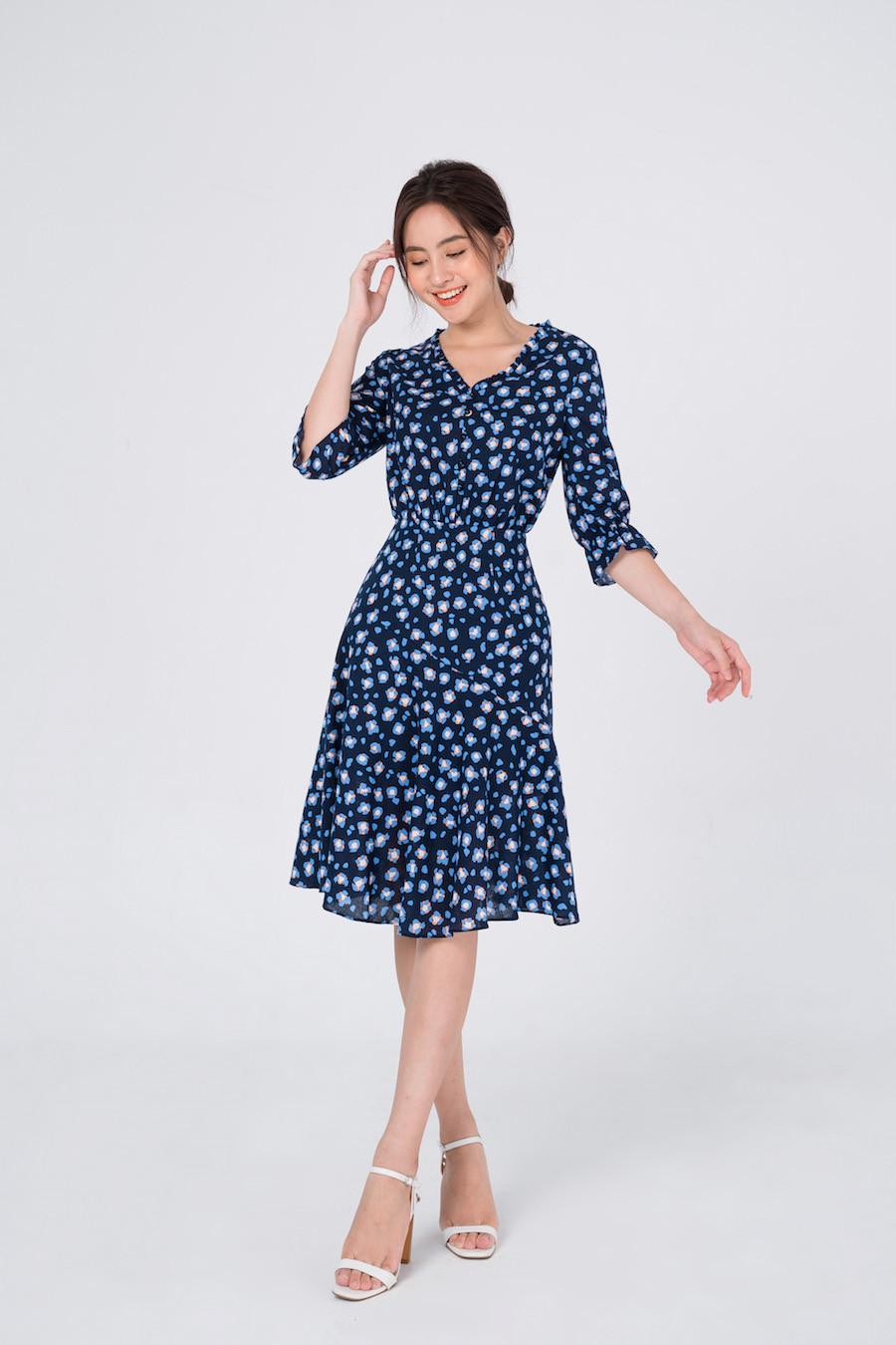 De Leah - Đầm Xoè Tay Lỡ Cổ Bèo Nhí Hoa