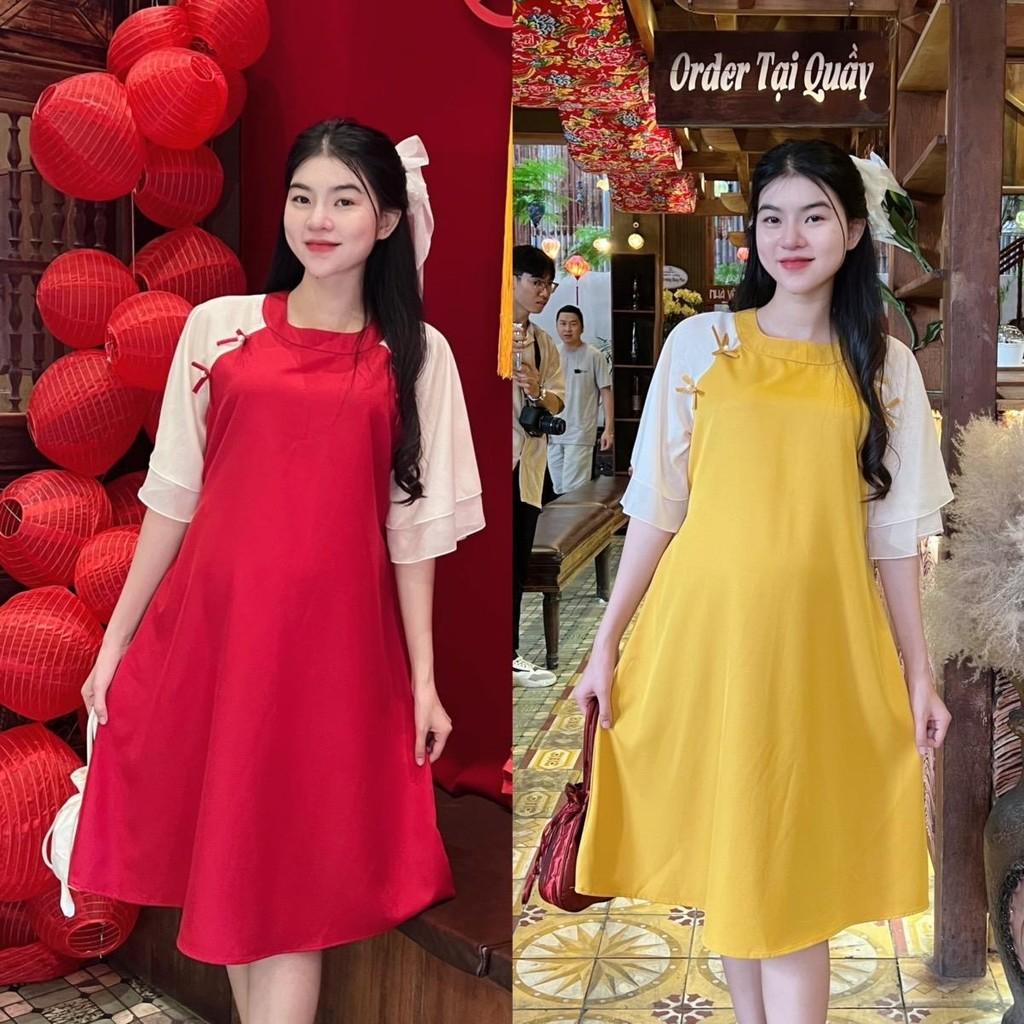 Đầm bầu thiết kế kiểu Áo dài cách tân Chất Cotton Lạnh đính nơ xinh xắn, thanh lịch - Vàng