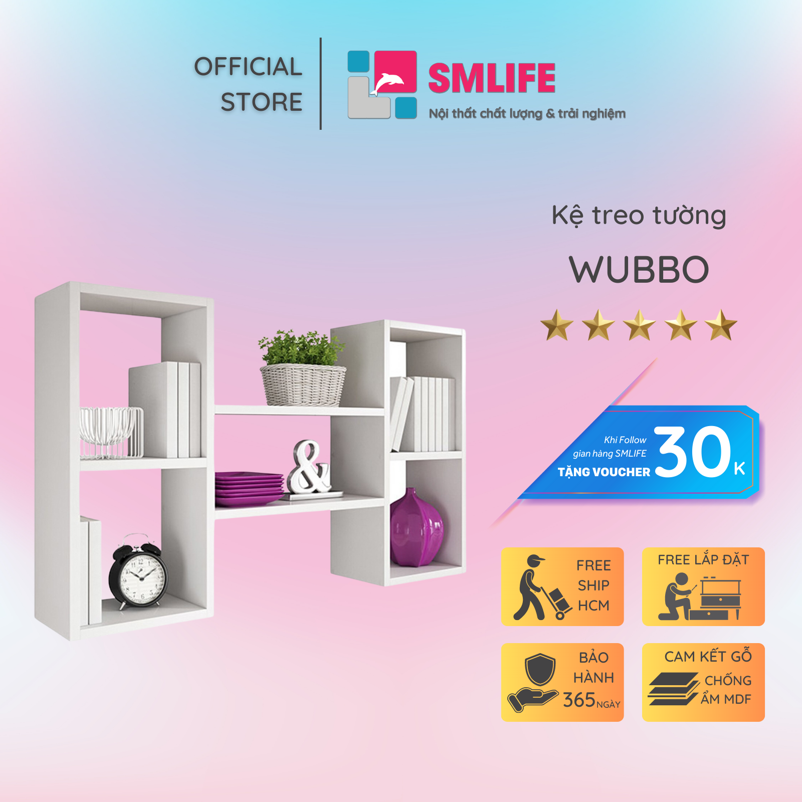 Kệ gỗ treo tường trang trí hiện đại SMLIFE Wubbo  | Gỗ MDF dày 17mm chống ẩm | D115xR20xC65cm