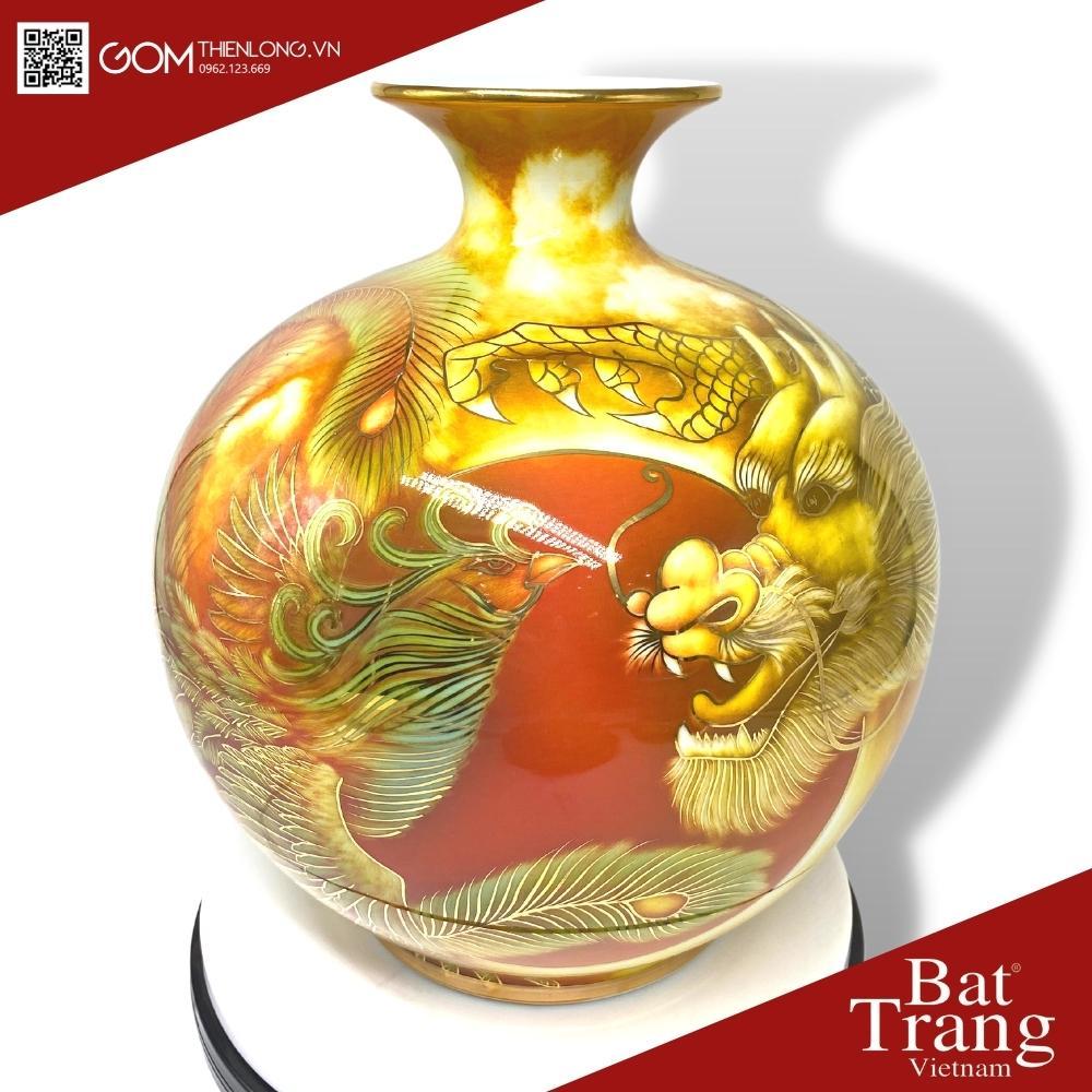 Bình Hút Tài Lộc Vẽ Vàng 3D Long Phụng Vờn Mây - Hàng Kỹ Độc Bản - Bình Hút Lộc Bát Tràng - Gốm Thiên Long