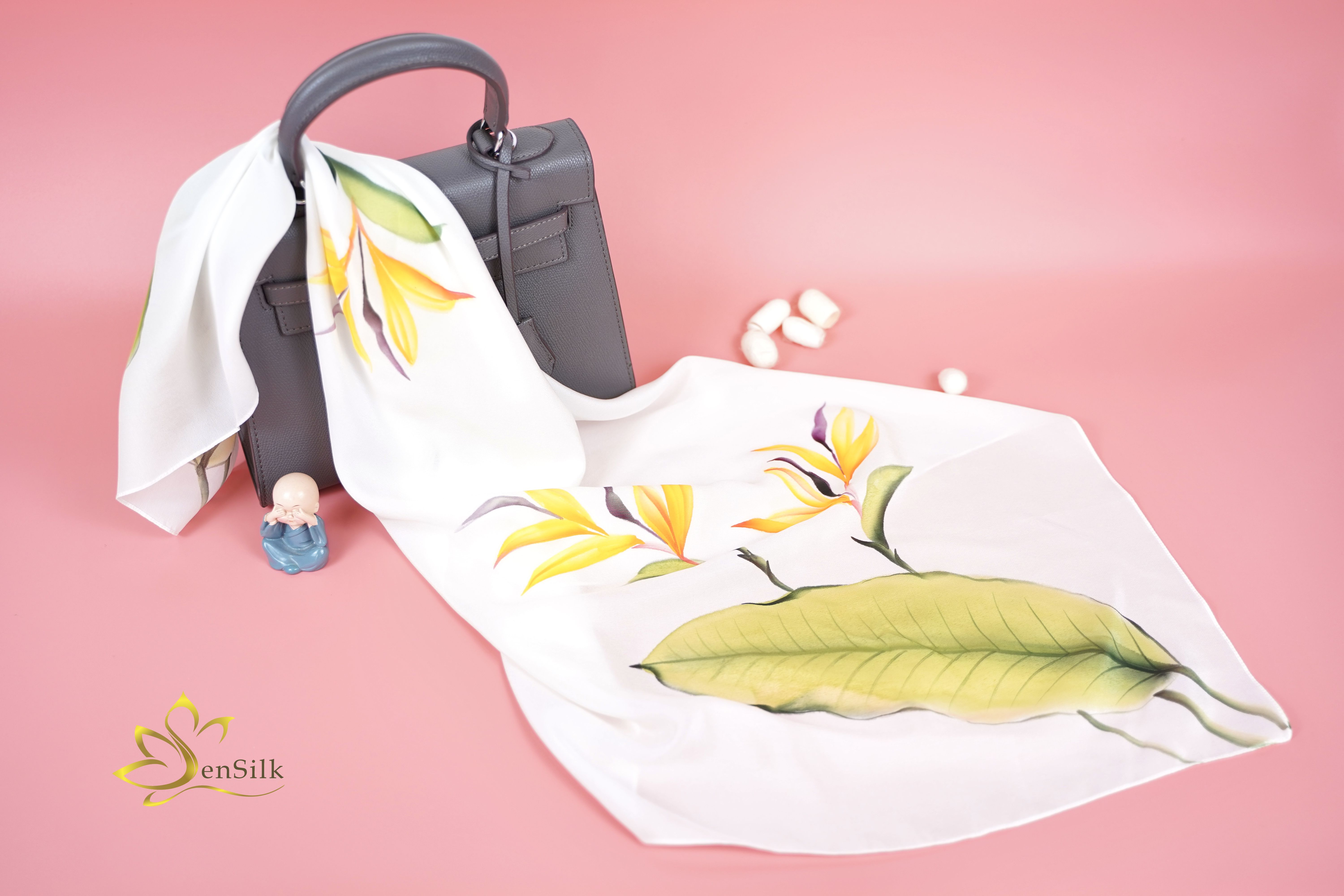 Khăn Lụa Bảo Lộc Vẽ Tay Hoa Thiên Điểu SenSilk, Quà Tặng Khăn Lụa Tơ Tằm