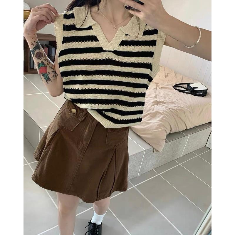 MS788 Áo sát nách nữ cổ bẻ kẻ ngang mongtoghi Quảng Châu