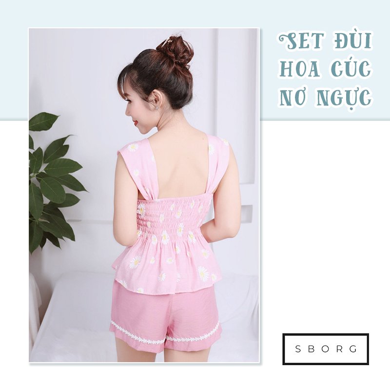 Set đồ thời trang SBORG đồ nữ đi chơi chất liệu xô hàn mềm - mịn, áo 2 dây nơ ngực đáng yêu họa tiết hoa cúc trendy phối quần đùi dễ thương freesize dưới 57kg quà tặng vợ, thoải mái mặc nhà hoặc đi ra ngoài