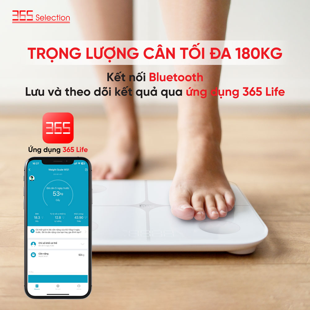 Cân điện tử thông minh 365 Selection WS1 / WS2 - Đo 18 chỉ số cơ thể, Màn hình led hiển thị - HÀNG CHÍNH HÃNG